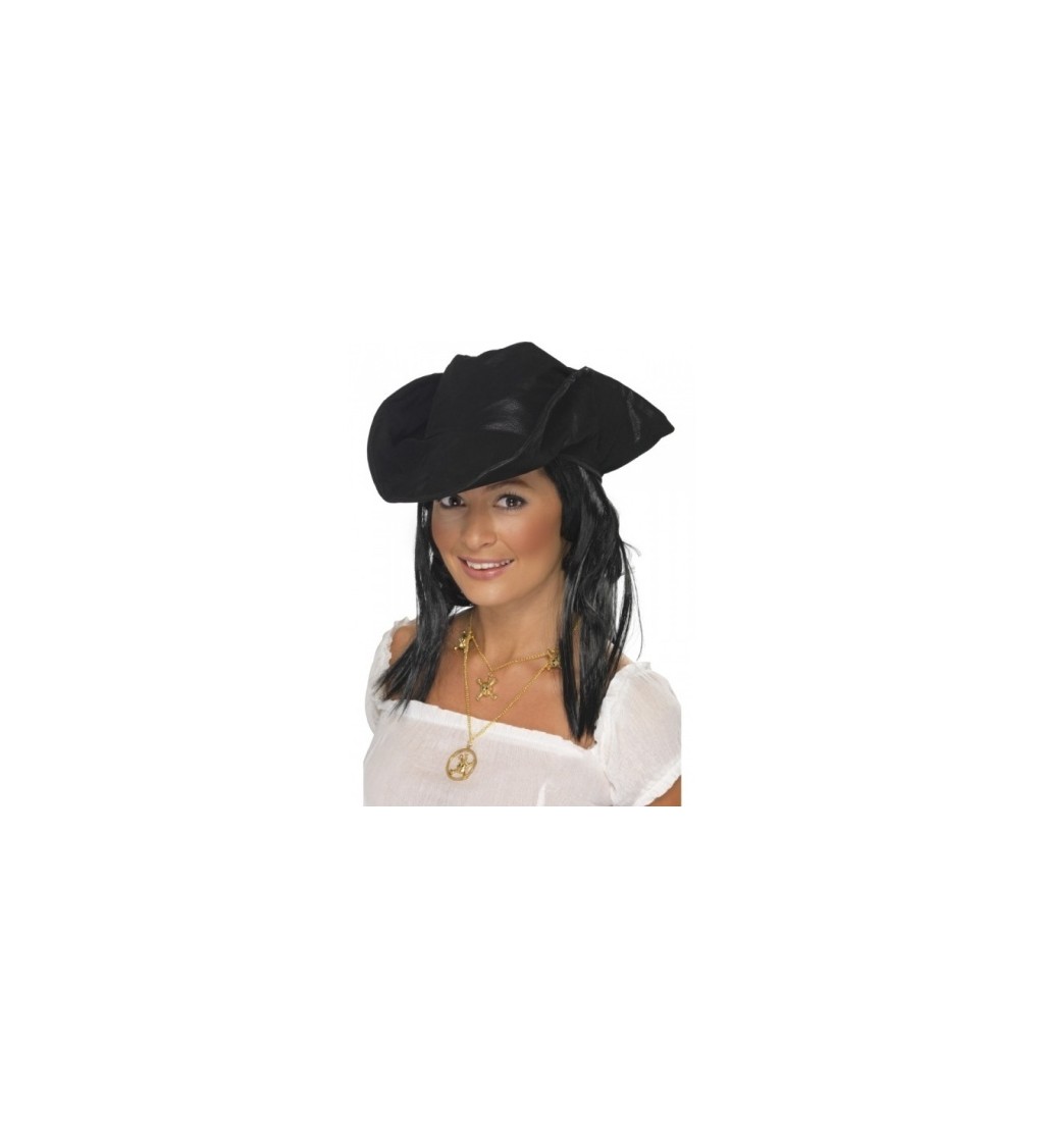 Pirátský klobouk s černými vlasy - barva černá
