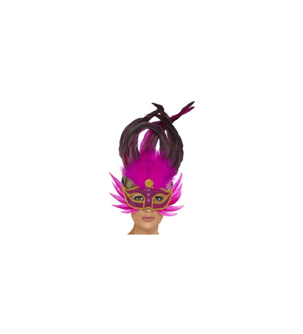 Benátska maska - Růžová s peřím