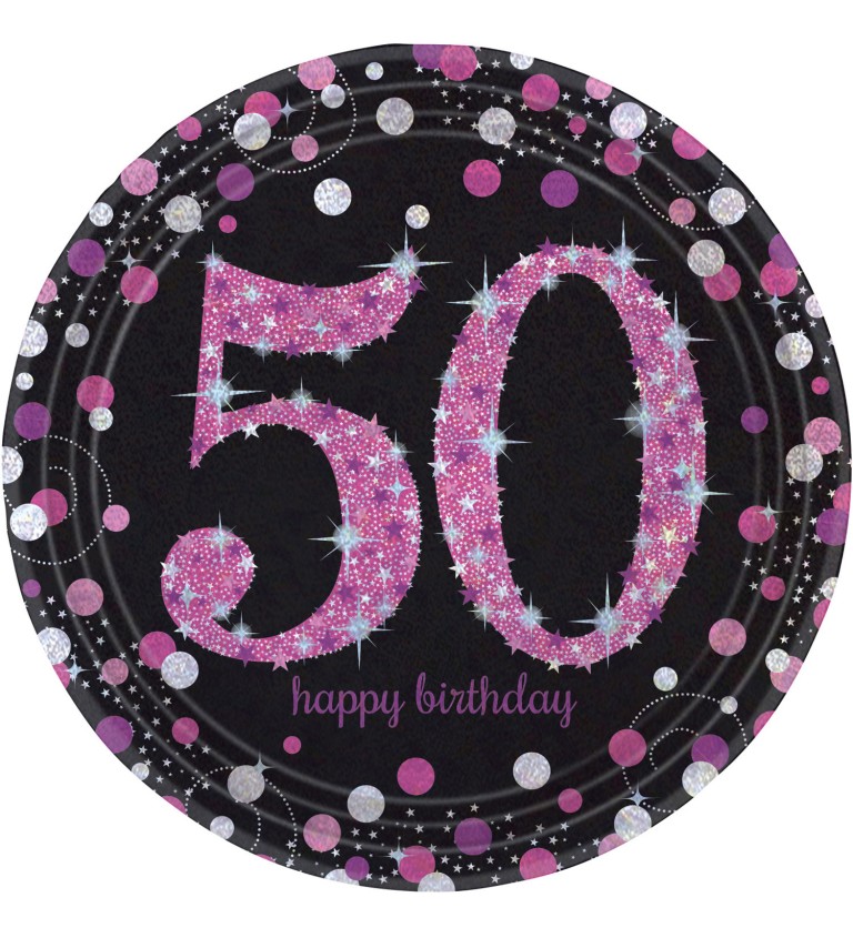 Třpytivé narozeninové talíře 50 let - Růžové