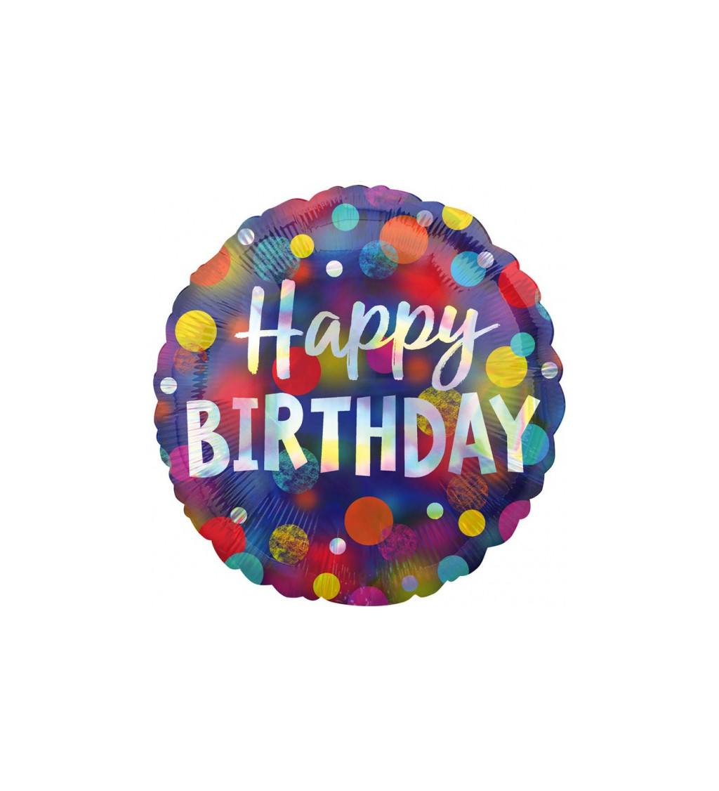 Puntíkatý fóliový balónek Happy Birthday kulatý