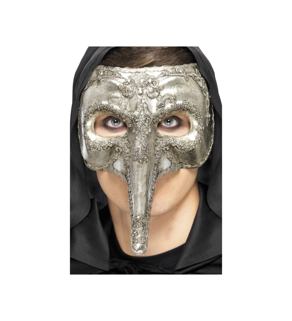 Benátská maska Dlouhý nos - stříbrná