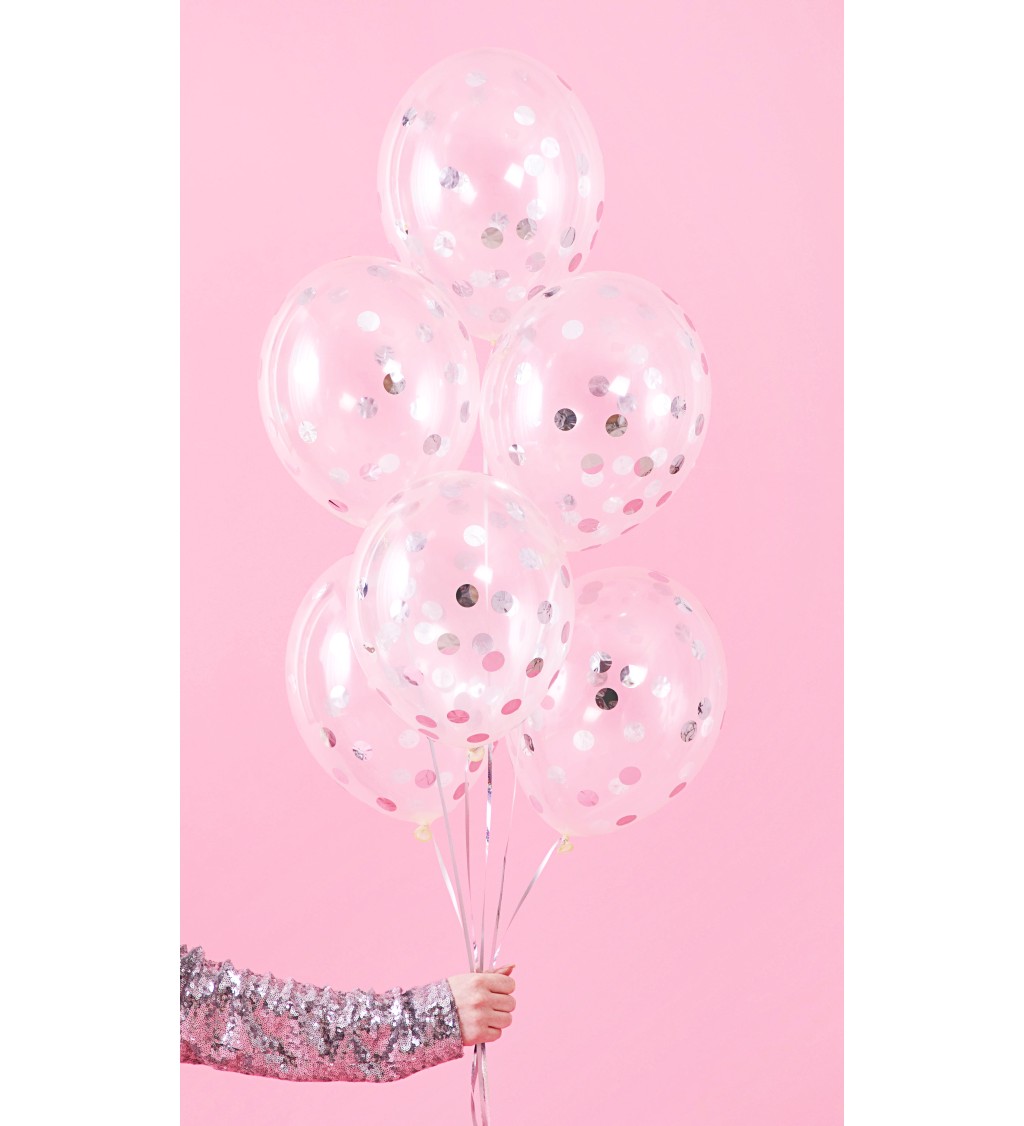 Průhledné balónky se stříbrnými konfetami