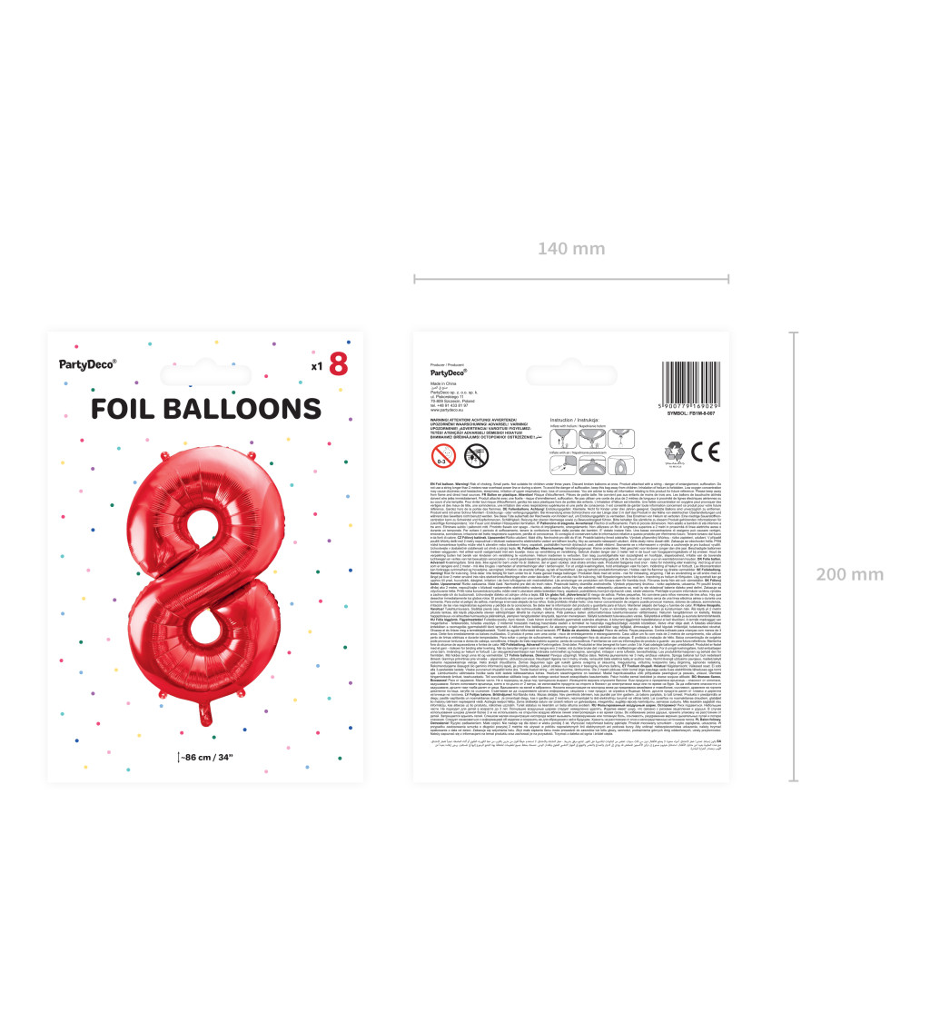 Červený fóliový balónek číslo 8