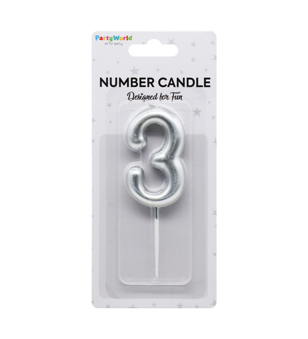 Dortová svíčka číslo 3 stříbrná