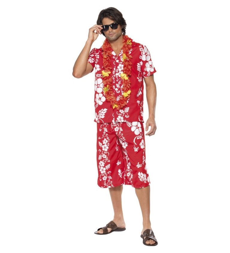 Havajský komplet - šortky a košile, barva červená
