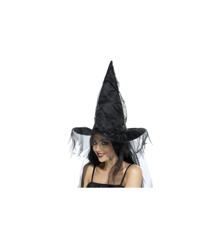 Čarodějnický klobouk - barva černá, závoj