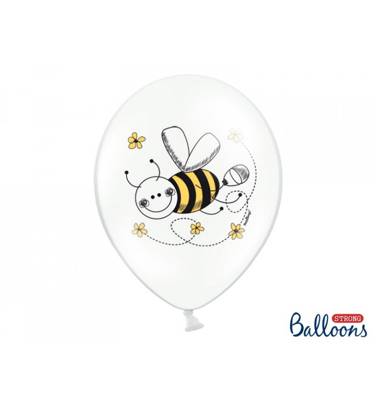 Balónek pastelový bílý/žlutý - včelka - 6 ks