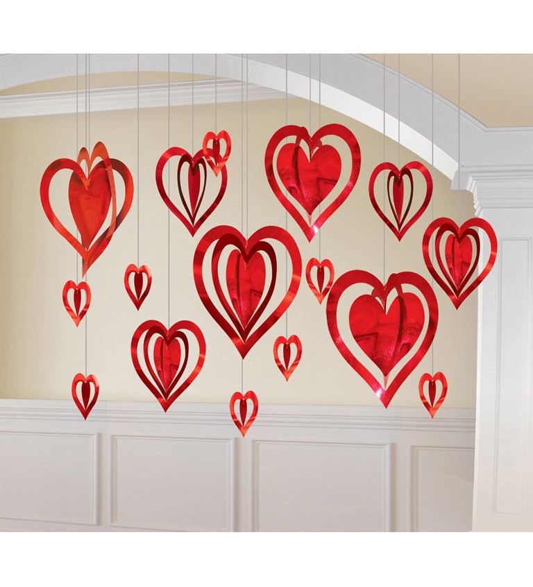 Valentýnská dekorace - 3D červená srdíčka
