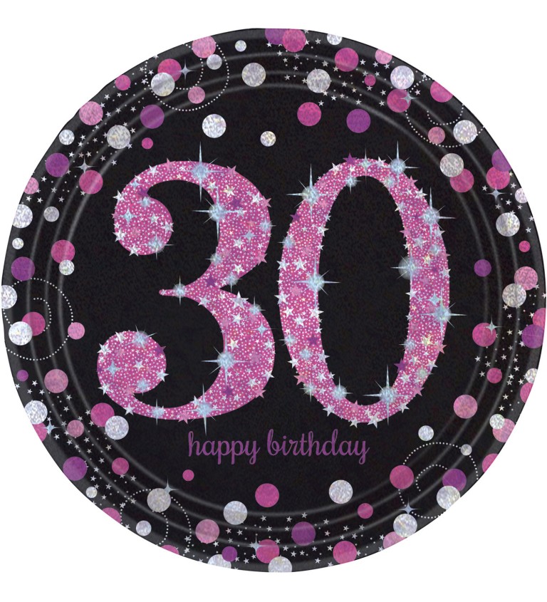 Třpytivé narozeninové talíře 30 let - Růžové