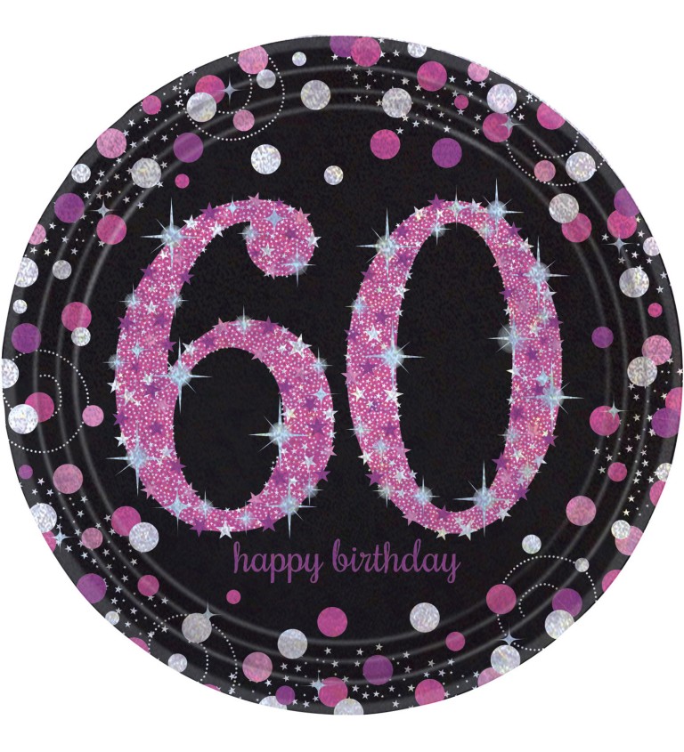 Třpytivé narozeninové talíře 60 let - Růžové