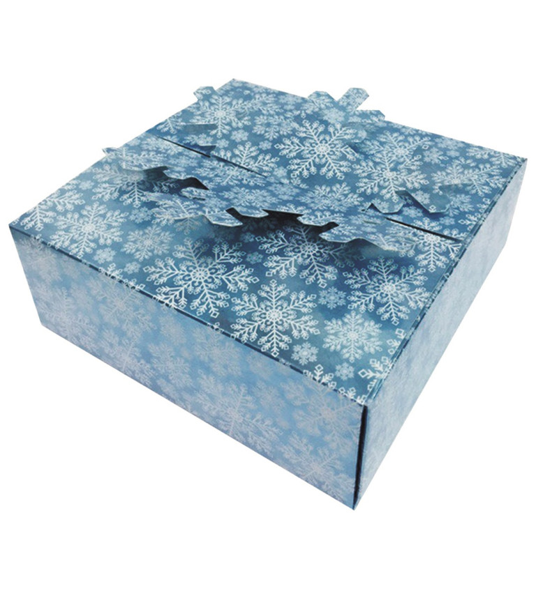 Krabička v modré barvě s bílými sněhovými vločkami
