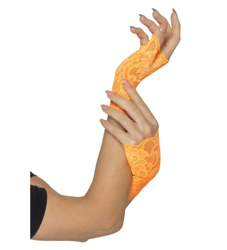 Krajkované rukavičky bez prstů - neonově oranžové