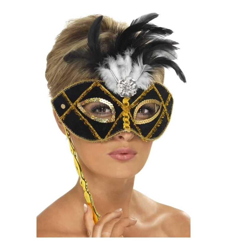 Benátská maska - Černá s peřím a zlatým dekorem