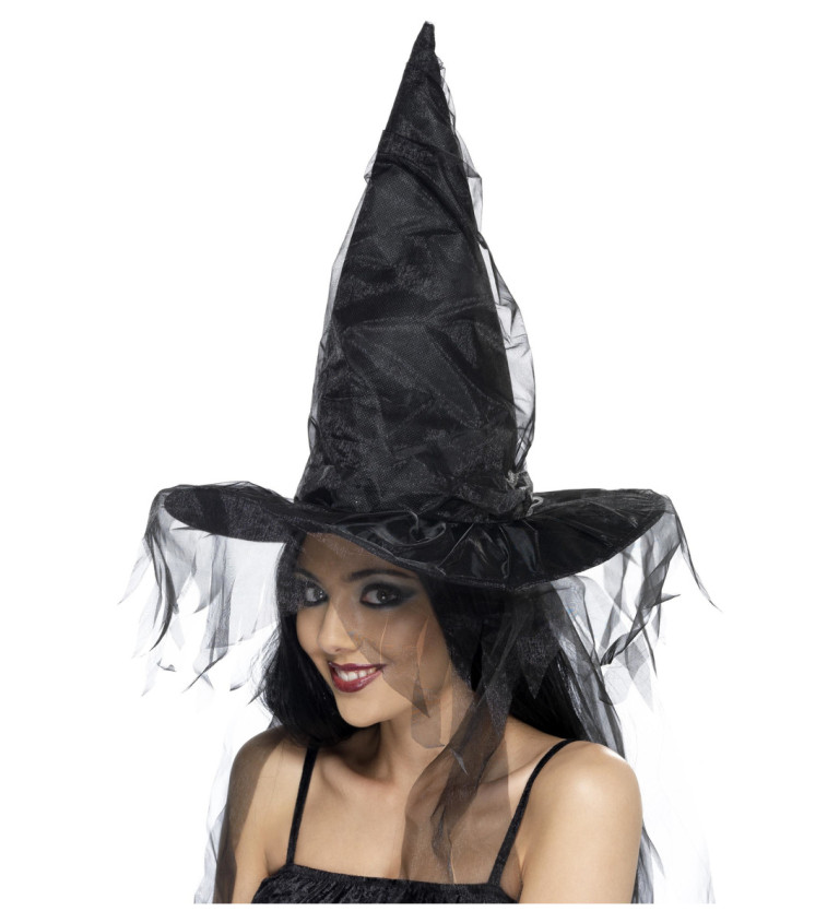 Čarodějnický klobouk - barva černá, závoj
