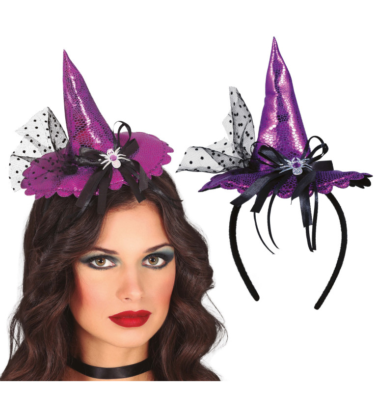 Fialový mini čarodějnický klobouk na čelence