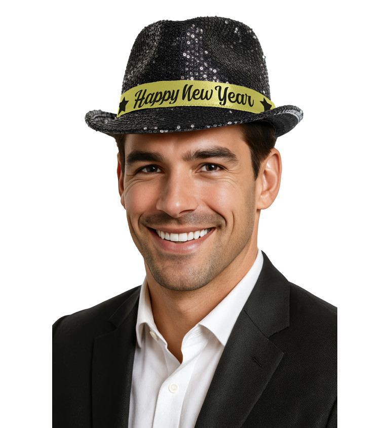 Klobouk Happy - New Year černé flitry